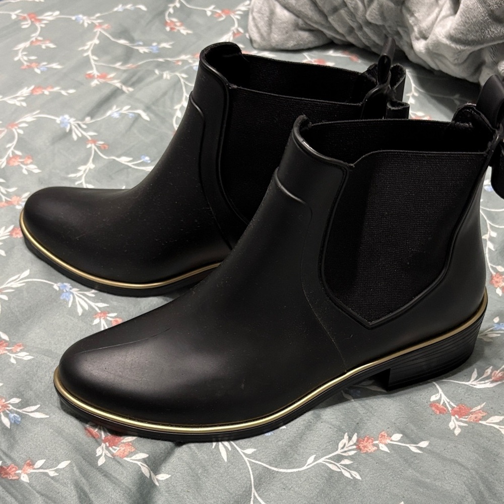 Black Chelsea Rain Boots with Gold Trim - Women's Ankle Boot